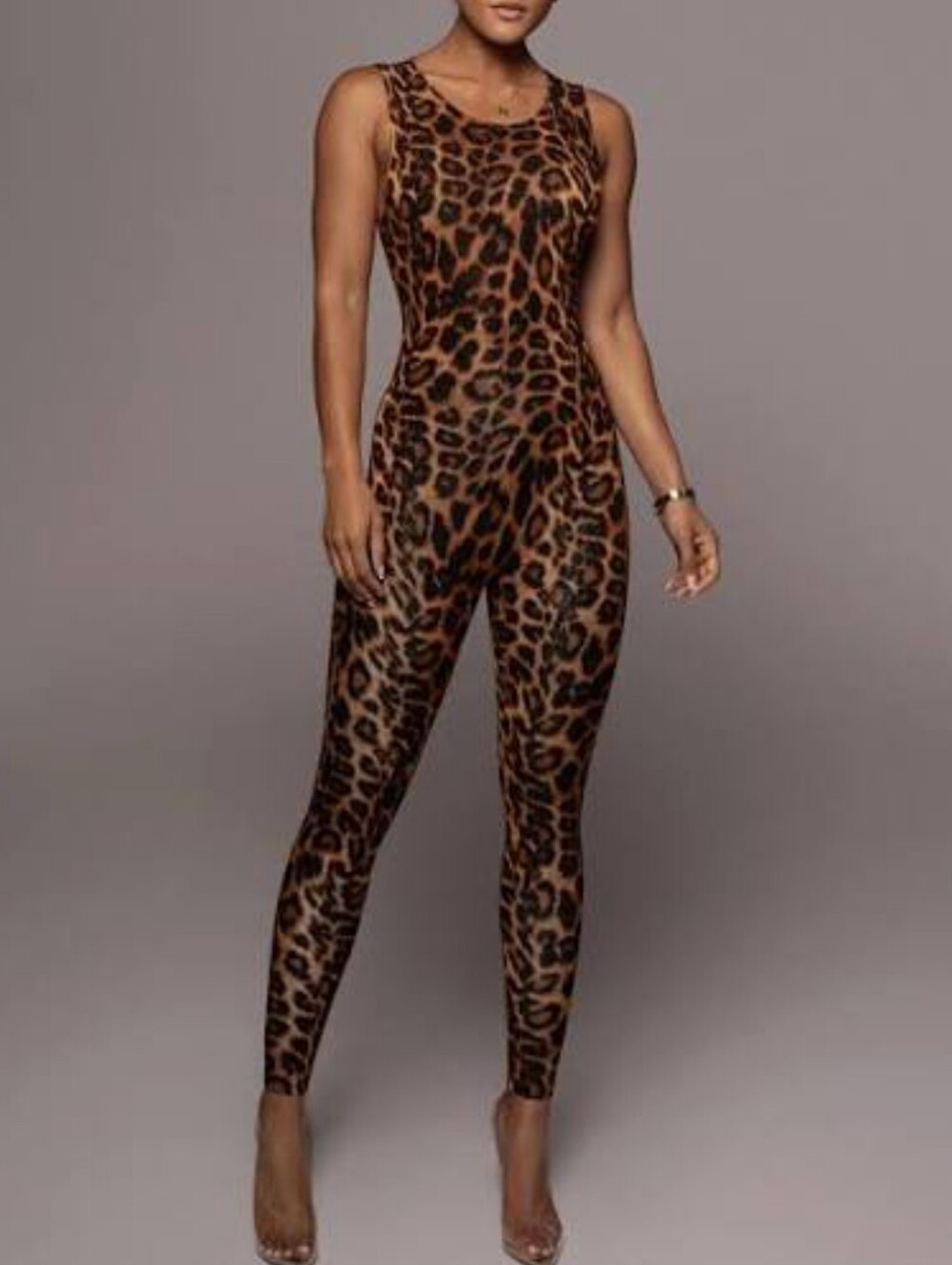 JLUXLABEL Brown Leopard Print Sleeveless Jumpsuit